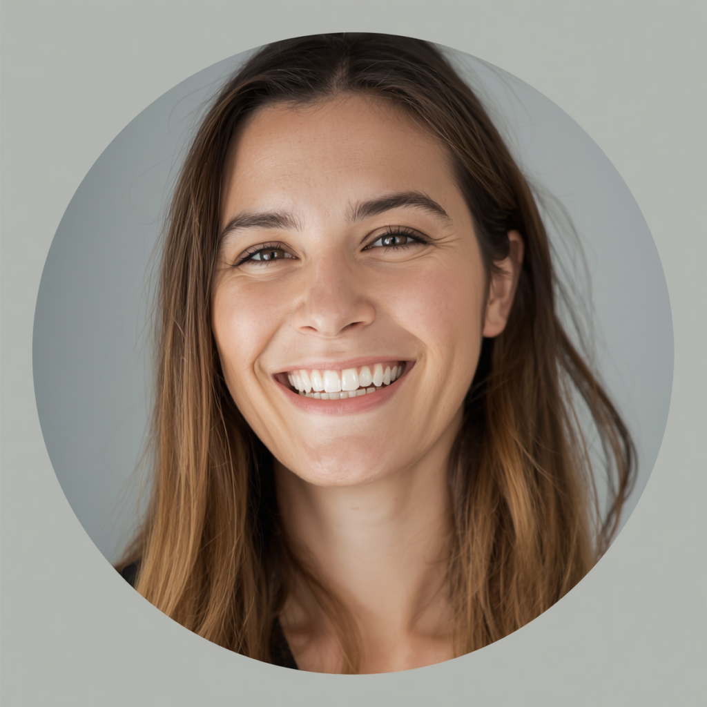 casual friendly portrait photo of a woman with natural warm smile; relaxed everyday style; soft natural lighting; simple neutral background; authent